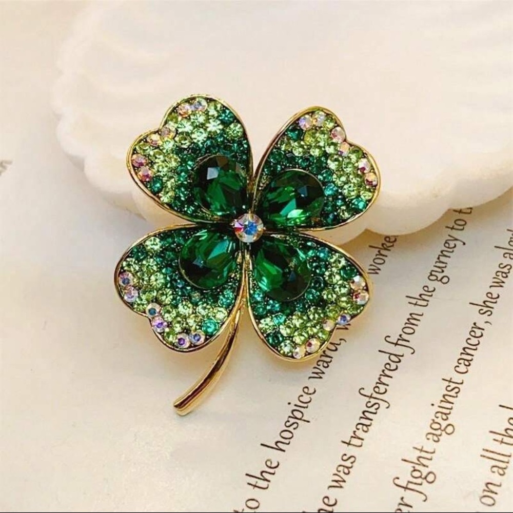 Elegant Green Clover Brooch, Four Leaf Clover Brooch, St. Patrick’s Day Brooch